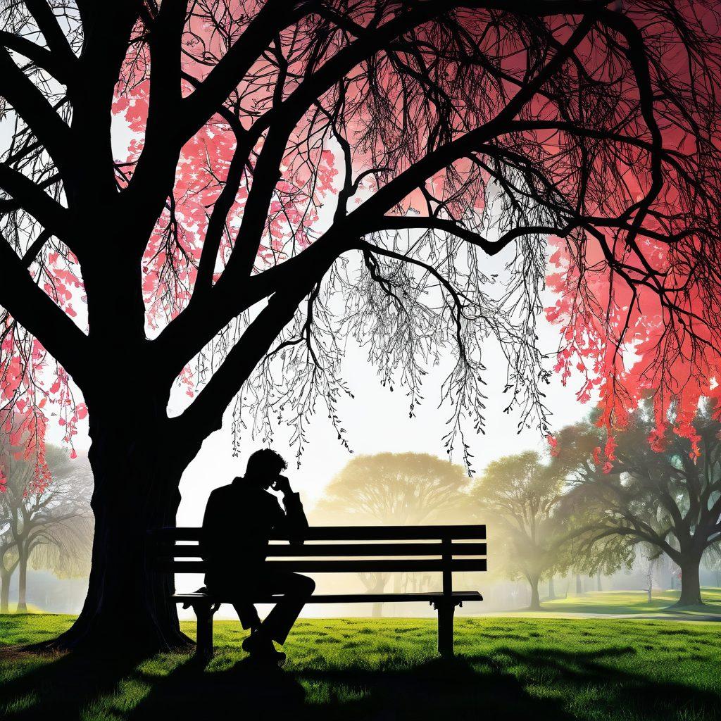 A collage of iconic movie scenes depicting heartbreak, featuring a silhouette of a person sitting alone on a park bench under a weeping willow tree. Surround the silhouette with vibrant yet somber colors, showcasing famous characters shedding tears or looking forlorn in various emotional settings. Add a subtle film reel border framing the image to emphasize the cinematic theme. The overall atmosphere should evoke deep emotions and nostalgia. 3D. melancholic colors. cinematic style.